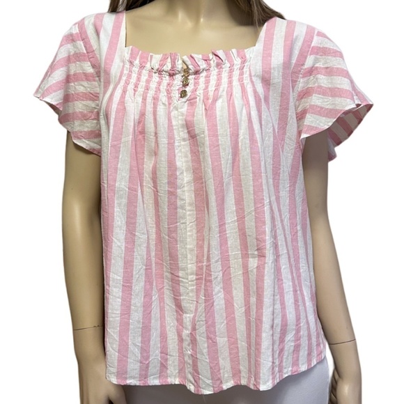 Draper James RSVP Blouse Linen Cotton Top Shirt Flutter Sleeve Shirred Smocked - Picture 4 of 16